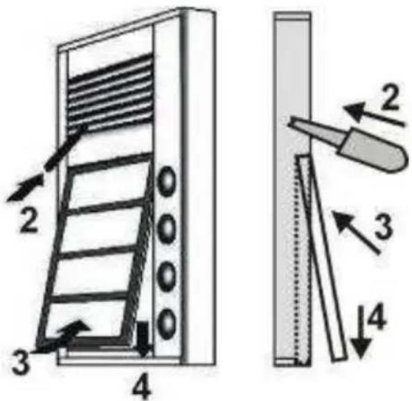 Technical diagram showing a door panel with labeled parts and directional arrows indicating assembly or installation.