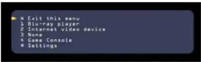 x Exit this menu 1 Blu-ray player 2 Internet video device 3 None 4 Game Console 0 Settings
