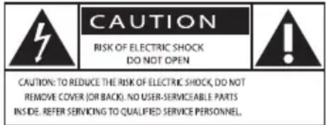 CAUTION RISK OF ELECTRIC SHOCK DO NOT OPEN CAUTION: TO REDUCE THE RISK OF ELECTRIC SHOCK, DO NOT REMOVE COVER (OR BACK). NO USER-SERVICEABLE PARTS INSIDE. REFER SERVICING TO QUALIFIED SERVICE PERSONNEL.