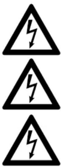 Three black triangular warning symbols with lightning bolts, indicating electrical hazard or current risk.