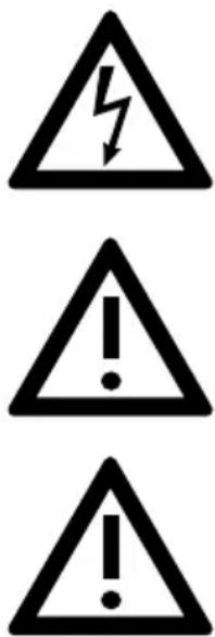 Three warning symbols: lightning bolt, exclamation mark, and exclamation mark