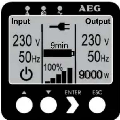 AEG Input 230 v 50Hz 9min 100% Output 230 v 50Hz 9000 w ENTER ESC
