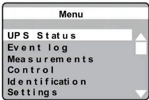 Menu UPS Status Event log Measurements Control Identification Settings
