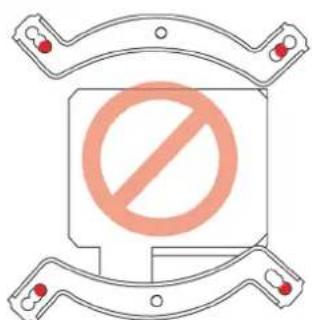 Safety warning symbol with prohibition sign inside a square frame, surrounded by four corner brackets with red dots and white dots.
