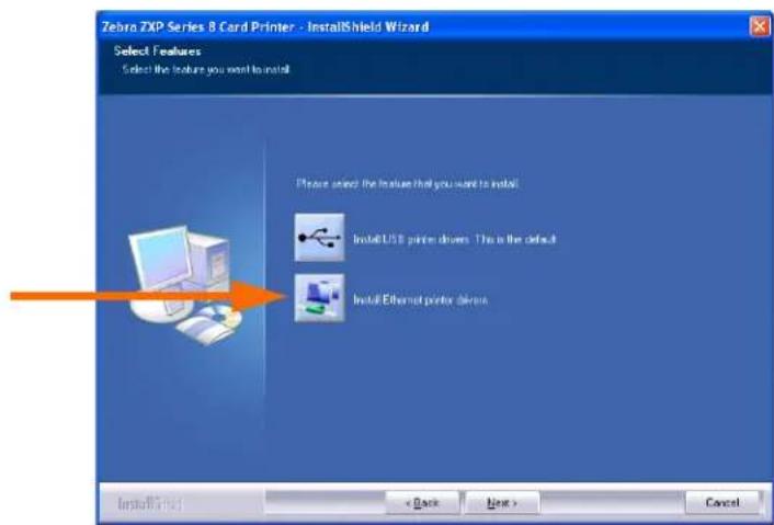 Zebra ZXP Series 8 Card Printer - InstallShield Wizard Select Features Select the feature you want to install Please select the features that you want to install: Install USB printer drivers. This is the default Install Ethernet printer drivers. Installing... < Back Next > Cancel