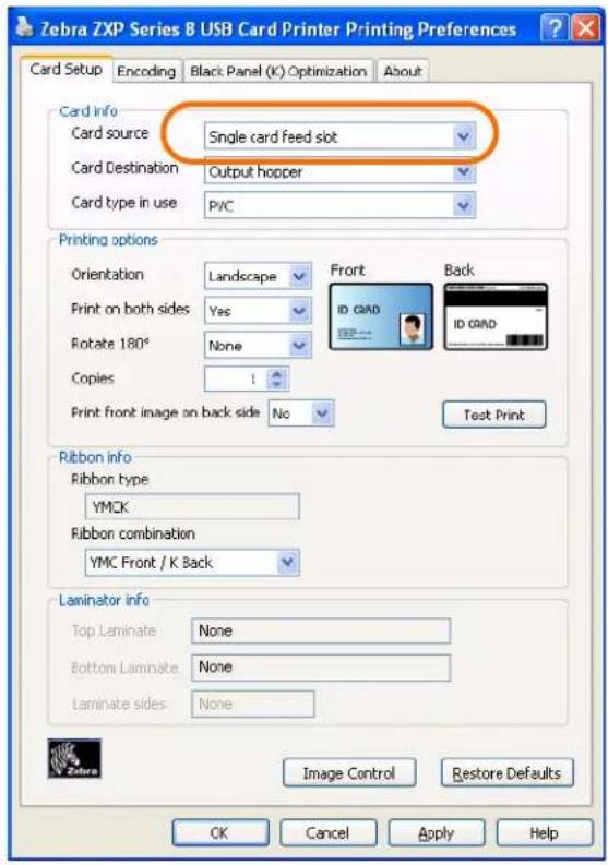 Zebra ZXP Series 8 USB Card Printer Printing Preferences Card Setup Encoding Black Panel (K) Optimization About Card info Card source Single card feed slot Card Destination Output hopper Card type in use PVC Printing options Orientation Landscape Front Back Print on both sides Yes ID GRAD Rotate 180° None Copies ! Print front image on back side No Test Print Ribbon info Fibbon type YMCK Fibbon combination YMC Front / K Back Laminator info Top Laminate None Bottom Laminate None Laminate sides None Image Control Restore Defaults OK Cancel Apply Help