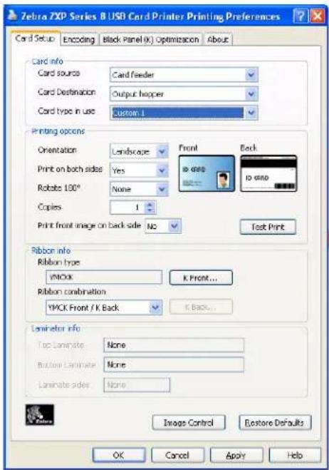 Zebra 7XD Series 8 USB Card Printer Printing Preferences Card Setup Encoding Black Panel (K) Optimization About Card info Card source Card feeder Card Destination Output hooper Card type in use Custom L Printing options Orientation Landscape Front Back Print on both sides Yes ID: 600 Rotate 150° None ID: 600 Copies 1 Print front image on back side NO funds Test Print Ribbon info Ribbon type YNOOK K Front... Ribbon combination YMCK Front / K Back K Back... Lncliter info Top Laminate None Bottom Laminate None Laminate order None Image Control Bestore Defaults OK Cancel Apply Help