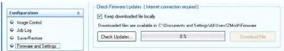 Configuration Image Control Job Log Save/Restore Firmware and Settings Check Firmware Updates ( Internet connection required ) ✓ Keep downloaded file locally Downloaded files are available in C:\Documents and Settings\All Users\ZMolif\Firmware Check Updates... 0 % Download File