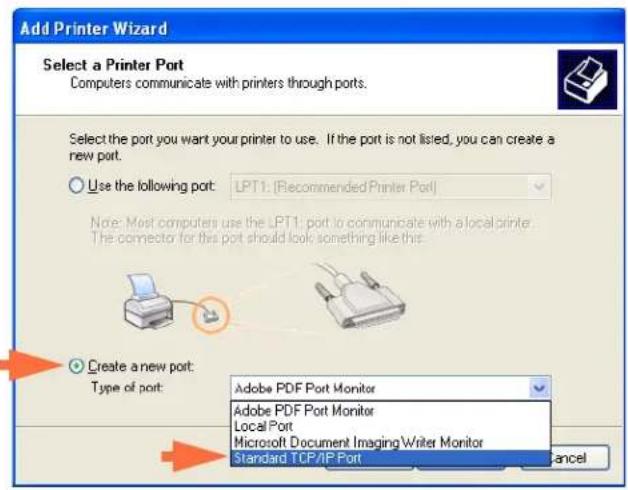 Add Printer Wizard Select a Printer Port Computers communicate with printers through ports. Select the port you want your printer to use. If the port is not listed, you can create a new port. Use the following port: LPT1: (Recommended Printer Port) Note: Most computers use the LPT1 port to communicate with a local printer. The connector for this port should look something like this. Create a new port: Type of port: Adobe PDF Port Monitor Adobe PDF Port Monitor Local Port Microsoft Document Imaging Writer Monitor Standard TCP/IP Port Cancel