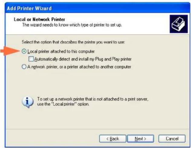 Add Printer Wizard Local or Network Printer The wizard needs to know which type of printer to set up. Select the option that describes the printer you want to use: ○ Local printer attached to this computer □ Automatically detect and install my Plug and Play printer ○ A network printer, or a printer attached to another computer To set up a network printer that is not attached to a print server, use the "Local printer" option. < Back Next > Cancel