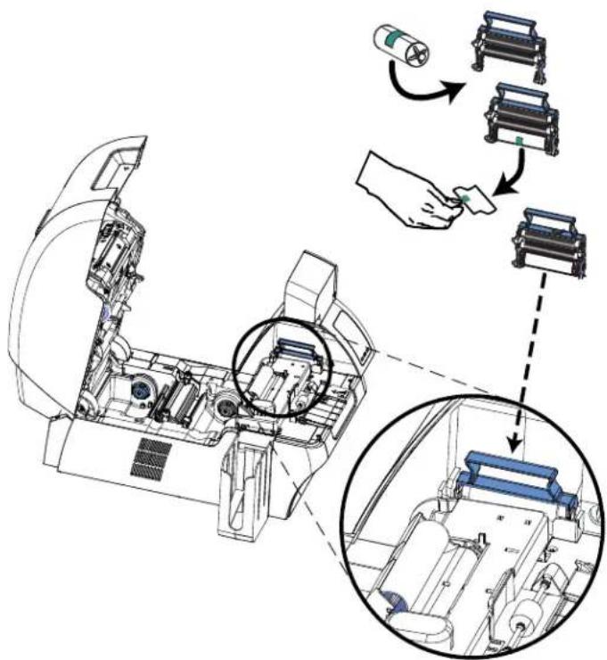 Technical diagram illustrating the assembly of a printer with labeled components and process steps