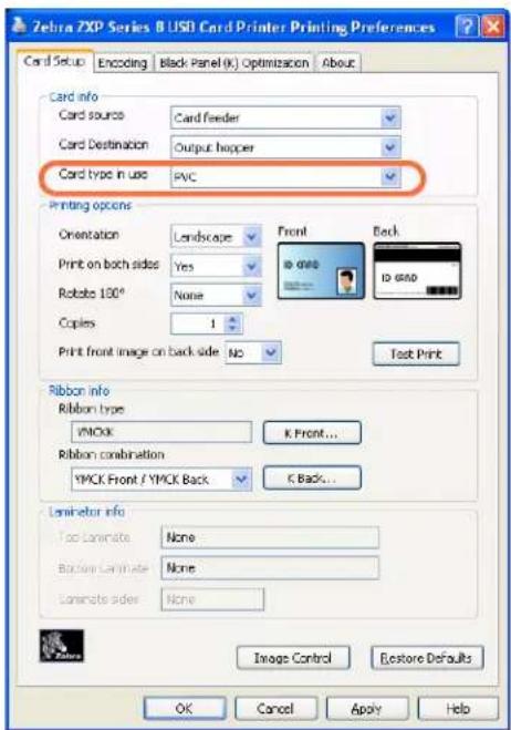 Zebra 7XD Series B USD Card Printer Printing Preferences Card Setup Encoding Black Panel (K) Optimization About Card info Card source Card feeder Card Destination Output hopper Card type in use FVC Printing options Orientation Landscape Front Back Print on both sides Yes ID 6800 Robotic 150° None ID 6800 Copies 1 Print front image on back side NO也有 Test Print Ribbon info Ribbon type YMOCK K Front... Ribbon combination YMCK Front / YMCK Back KBack... Lnclimator info Top Lnimate None Backline Lnimate None Lnimate order None Image Control Bestore Defaults OK Cancel Apply Help