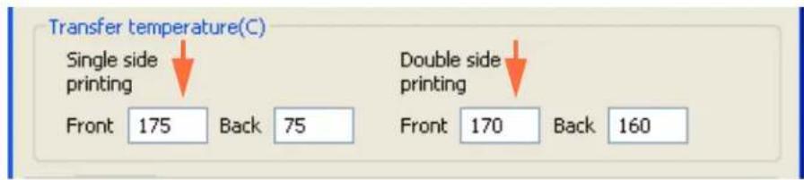 Transfer temperature(C) Single side printing Front 175 Back 75 Double side printing Front 170 Back 160
