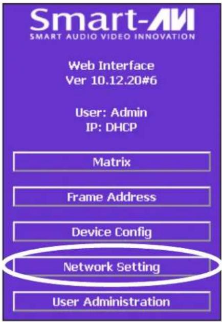 Smart-AM SMART AUDIO VIDEO INNOVATION Web Interface Ver 10.12.20#6 User: Admin IP: DHCP Matrix Frame Address Device Config Network Setting User Administration