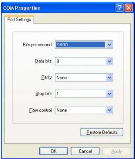 COM Properties Port Settings Bits per second: 9600 Data bits: 8 Parity: None Stop bits: 1 Flow control: None Restore Defaults OK Cancel Apply