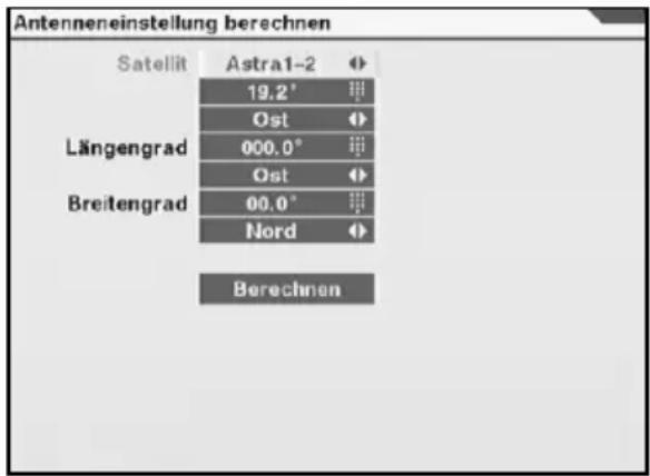 Antenneneinstellung berechnen Satellit Astra1-2 19.2° Ost Längengrad 000.0° Ost Breitengrad 00.0° Nord Berechnen