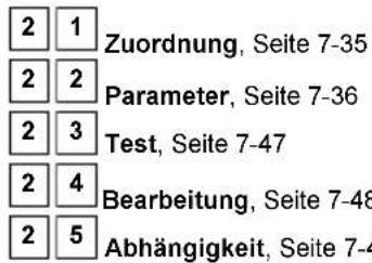 2 1 Zuordnung, Seite 7-35 2 2 Parameter, Seite 7-36 2 3 Test, Seite 7-47 2 4 Bearbeitung, Seite 7-48 2 5 Abhängigkeit, Seite 7-49
