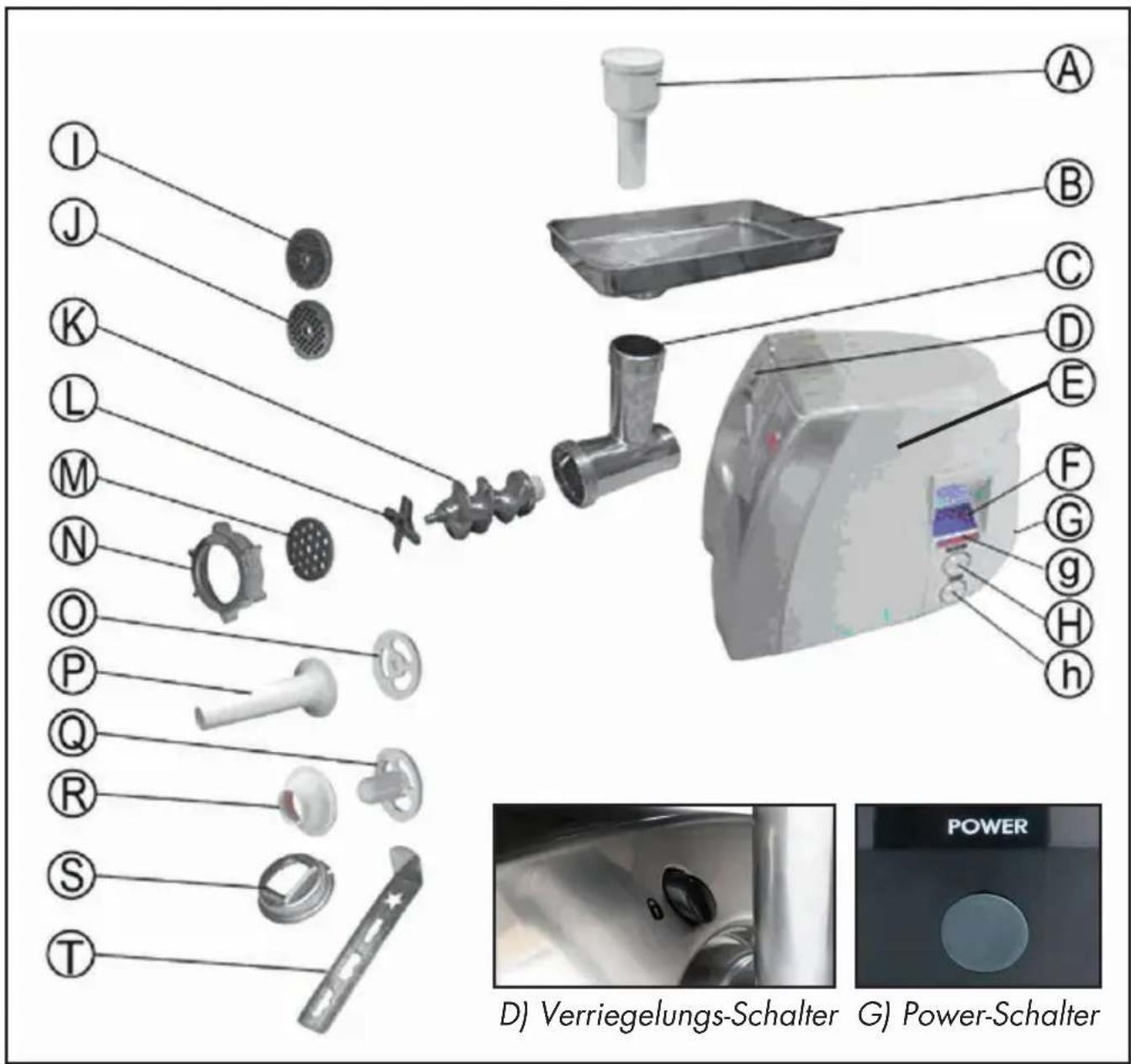 I J K L M N O P Q R S T A B C D E F G g H h D) Verriegelungs-Schalter G) Power-Schalter POWER