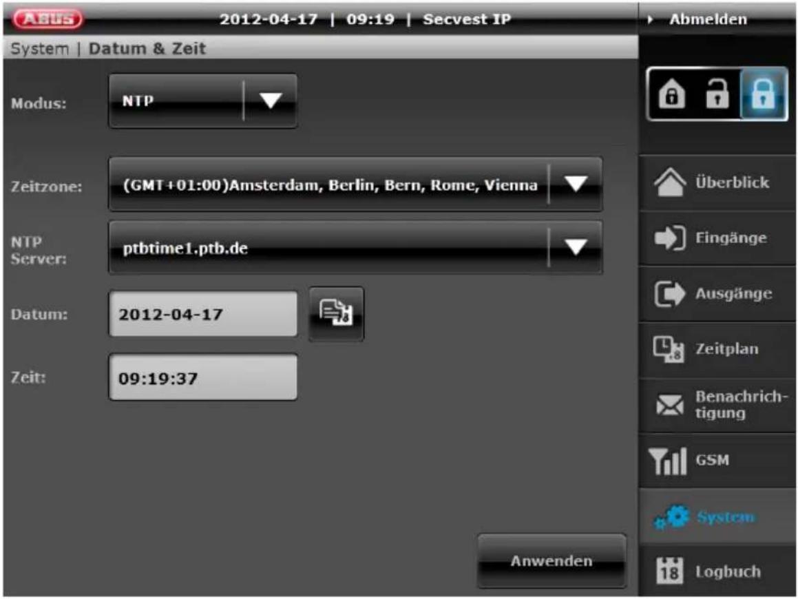 2012-04-17 | 09:19 | Secvest IP System | Datum & Zeit Modus: NTP Zeitzone: (GMT+01:00)Amsterdam, Berlin, Bern, Rome, Vienna NTP Server: ptbtime1.ptb.de Datum: 2012-04-17 Zeit: 09:19:37 Abmelden Überblick Eingänge Ausgänge Zeitplan Benachrichtigung GSM System 18 Logbuch Anwenden