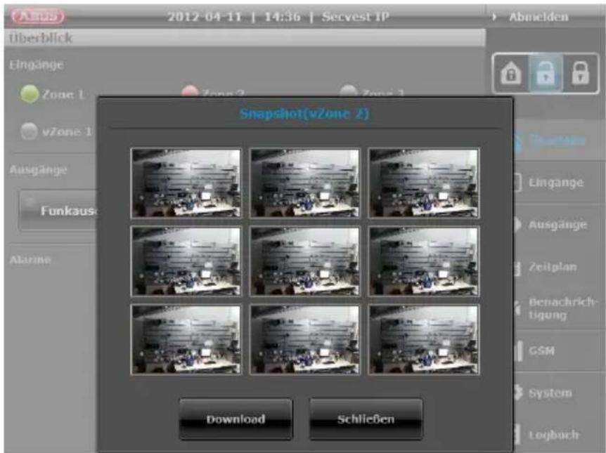 2012-04-11 | 14:36 | Secvest IP Abmelden Überblick Lingänge Zone 1 Zone 2 Zone 3 vZone 1 Ausgänge Funkausch Alarine Snapshot(vZone 2) Download Schließen