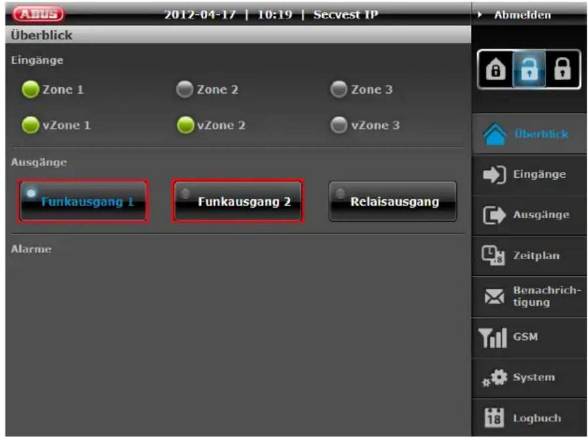 Abmelden 2012-04-17 | 10:19 | Secvest IP Überblick Eingänge Zone 1 Zone 2 Zone 3 vZone 1 vZone 2 vZone 3 Ausgänge Funkausgang 1 Funkausgang 2 Relaisausgang Alarme Überblick Eingänge Ausgänge Zeitplan Benachrichtigung GSM System Logbuch