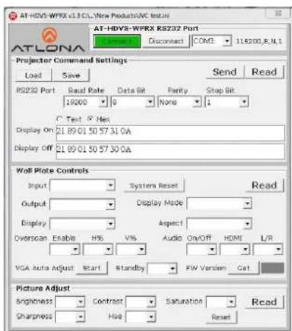 AT-HDV5-WPRX v1.3 CL New Products/WC test.ini AT-LONA Projector Command Settings Load Save Send Read RS232 Port Read Rate Data Bit Parity Stop Bit 19200 9 None 1 C Text R Yes Display On 21.89.01 50 57 31 0A Display Off 21.89.01 50 57 30 0A Wall Plate Controls Input System Reset Read Output Display Mode Display Aspect Overscan Enable H6 V% Audio On/Off HDMI L/R VGA Auto Adjust_Start Standby F/M Version Cat Picture Adjust Brightness Contrast Saturation Read Sharpness Hood Reset