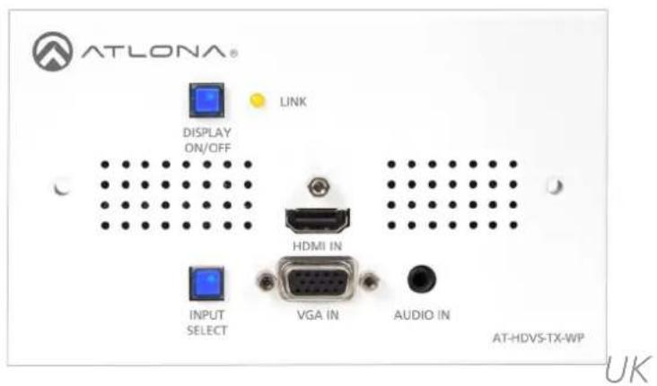 ATLONA® DISPLAY ON/OFF LINK HDMI IN INPUT SELECT VGA IN AUDIO IN AT-HDVS-TX-WP UK