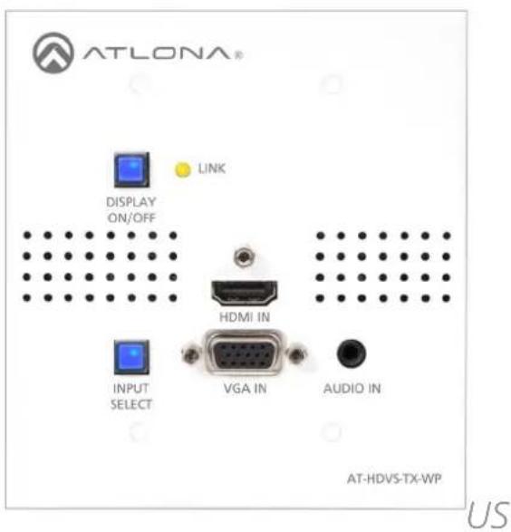 ATLONA® DISPLAY ON/OFF LINK HDMI IN INPUT SELECT VGA IN AUDIO IN AT-HDVS-TX-WP US