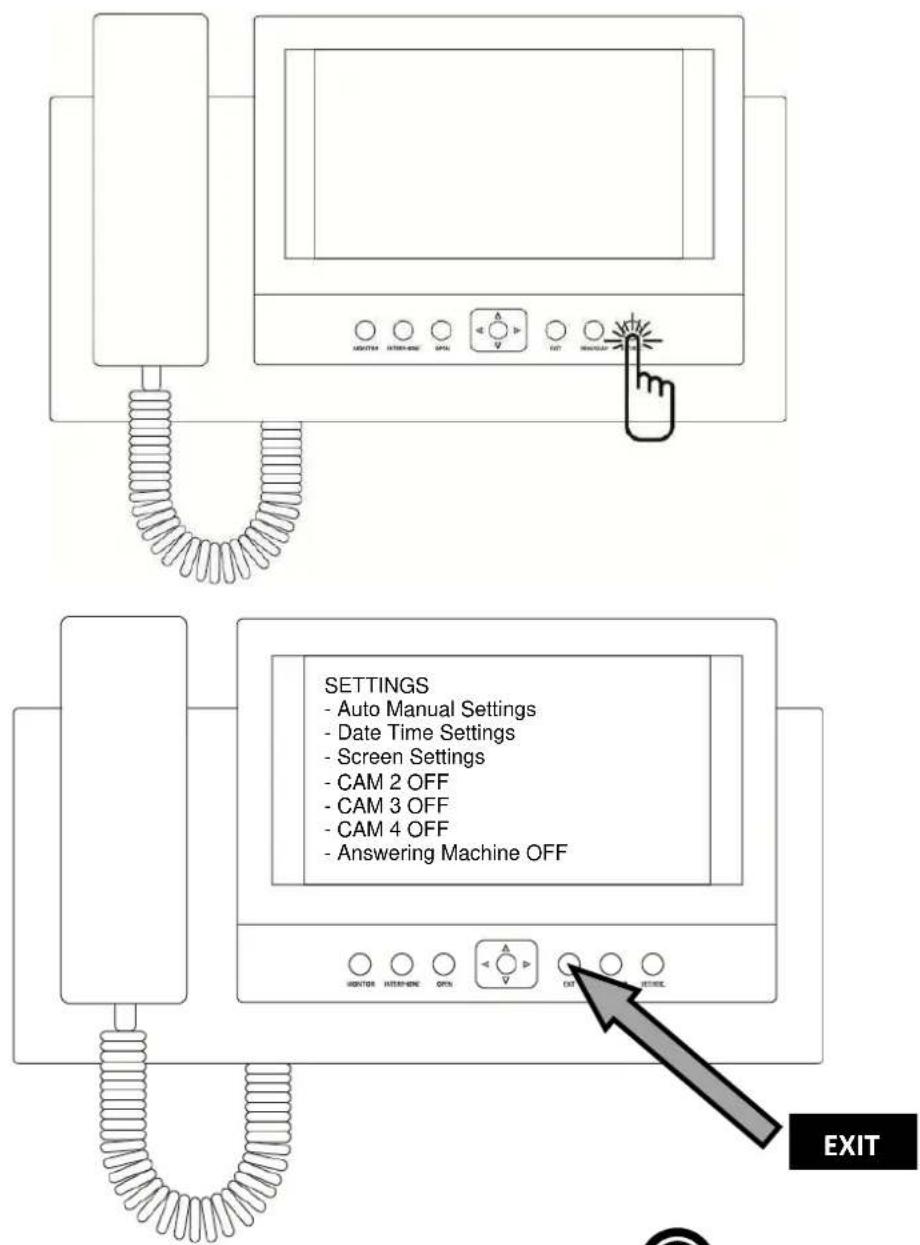 SETTINGS - Auto Manual Settings - Date Time Settings - Screen Settings - CAM 2 OFF - CAM 3 OFF - CAM 4 OFF - Answering Machine OFF