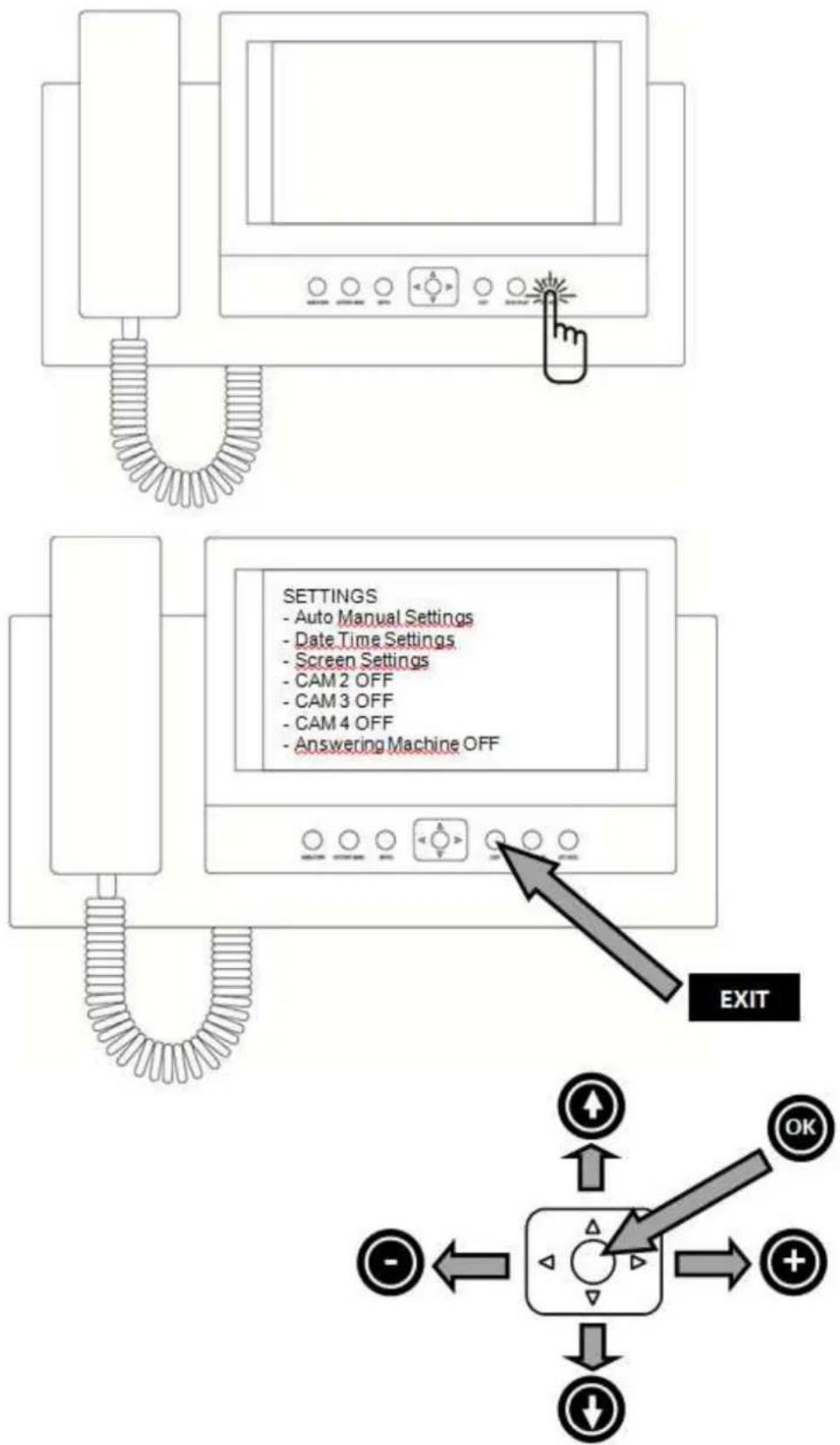 SETTINGS - Auto Manual Settings - Date Time Settings - Screen Settings - CAM 2 OFF - CAM 3 OFF - CAM 4 OFF - Answering Machine OFF EXIT