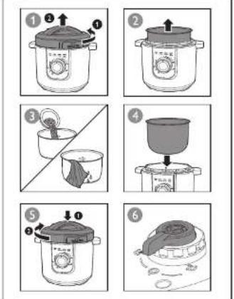 Illustrated cooking process steps showing a pot, bowl, and dish being added to a baking pan with a lid.