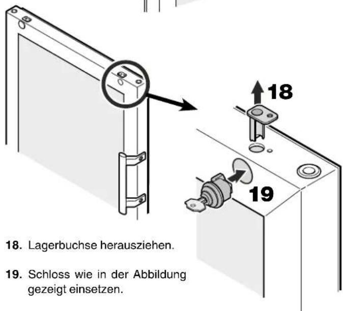 18. Lagerbuchse herausziehen. 19. Schloss wie in der Abbildung gezeigt einsetzen.