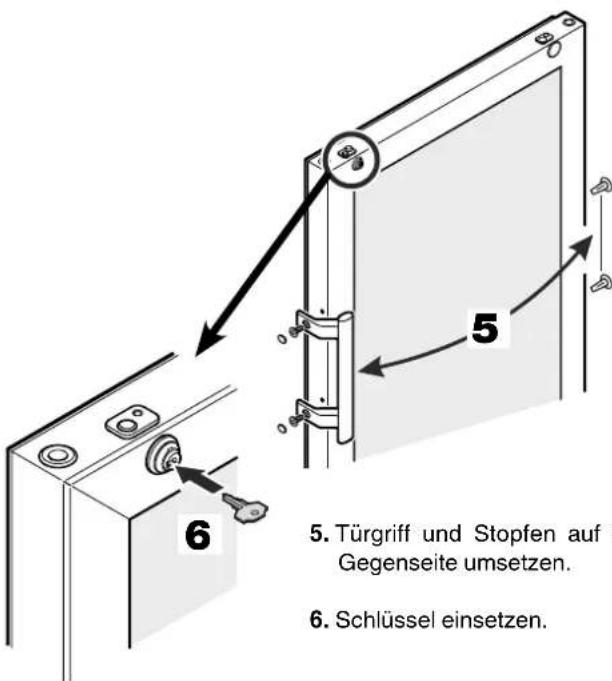 5. Türgriff und Stopfen auf Gegenseite umsetzen. 6. Schlüssel einsetzen.