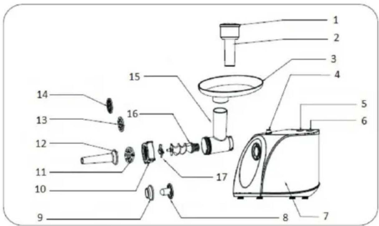 Exploded view diagram of a kitchen appliance with numbered parts for identification