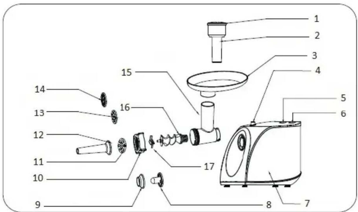 Exploded view diagram of a kitchen appliance with numbered parts for identification
