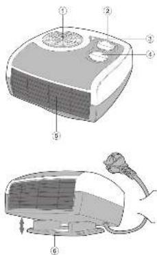 Technical diagram of a two-part electric heating device with labeled parts and exploded view