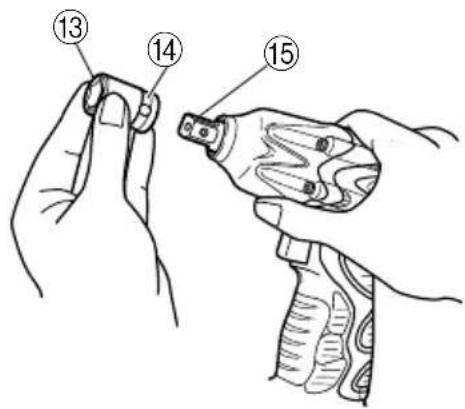 Diagram showing a hand holding a small object with numbered parts labeled 13, 14, and 15 pointing to a device.