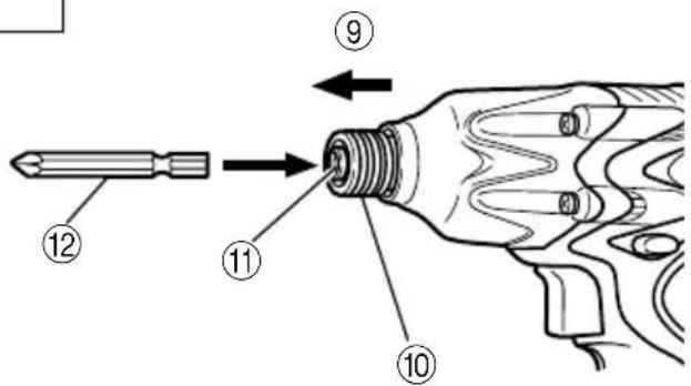 Technical diagram showing a screwdriver and a drill bit with numbered parts labeled ⑨, ⑩, ⑪, and ⑫.