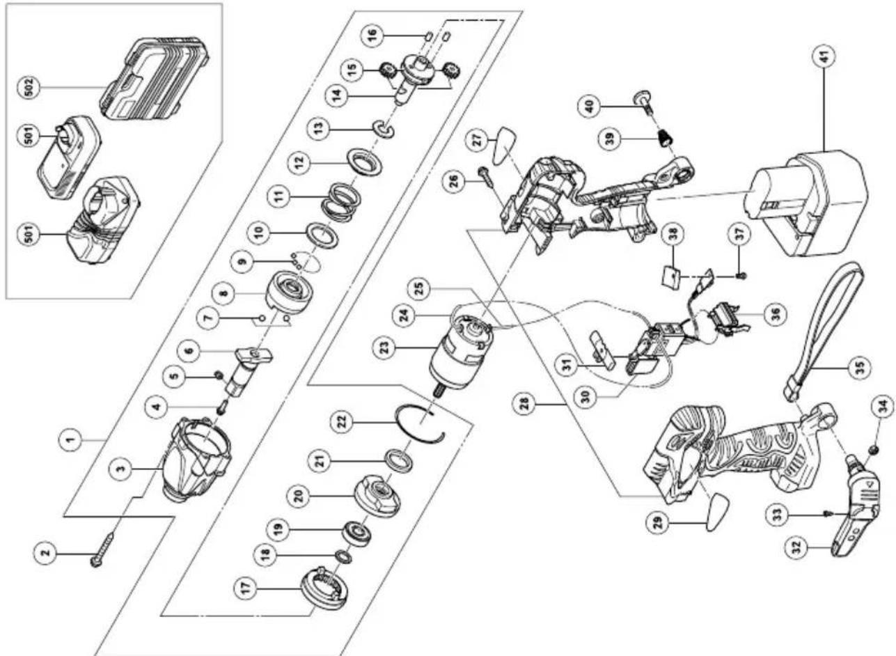 Exploded view diagram of a mechanical assembly with numbered parts and component labels