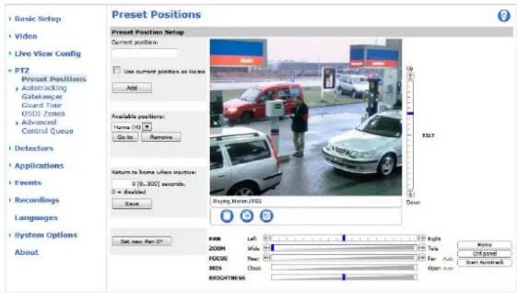 Preset Positions Preset Position Setup Current position: Use current position as home Add Available positions: Home (10) Go to Remove Return to home when inactive: 0 [0,300] seconds 0 = disabled Save Buying, Motor.2785 Up TILT Down Basic Setup Video Live View Config PTZ Preset Positions Autotracking Gatekeeper Guard Tour OSDI Zones Advanced Control Queue Detectors Applications Events Recordings Languages System Options About Set new Plan 0° BAR Left Right Zoom Wide Take Focus Near Far Auto BRS Close Open Air BRIGHTNE 96 Photo Off speed Start AutoTrack