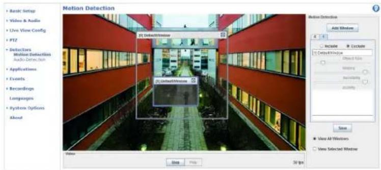 Motion Detection Basic Setup Video & Audio Live View Config PTZ Detectors Motion Detection Audio Detection Applications Events Recordings Languages System Options About 3D Detection Add Window Include Exclude Custom/Window Object Size Windowing Recovery Accuracy Size View All Windows View Selected Window Video Stop Help 30 fps