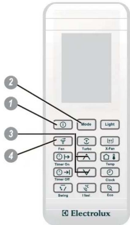 2 1 3 4 Mode Light Fan Turbo X-Fan Timer On Temp Timer Off Clock Swing I feel Eco Electrolux