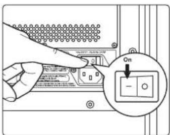 Diagram showing a hand using a switch to adjust a device, with an inset highlighting the 'On' button.