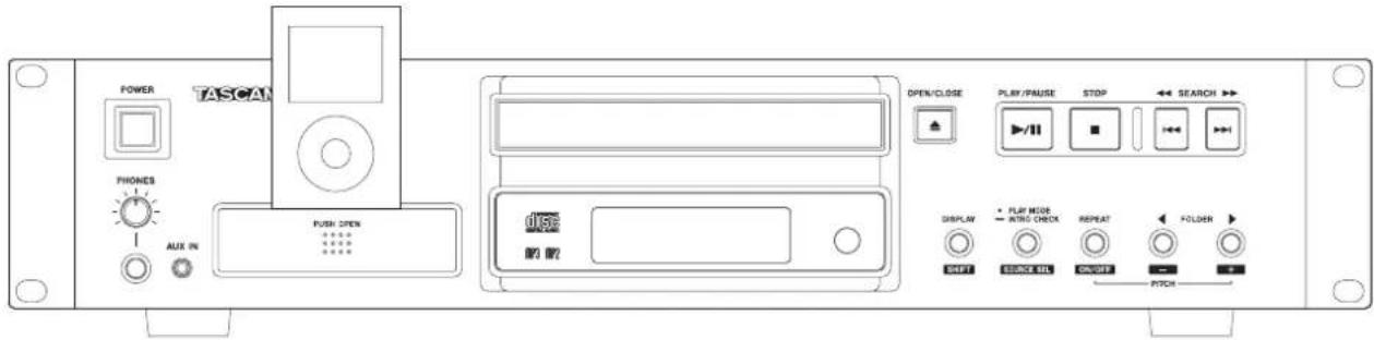 POWER TASCAN PHONES AUX IN PUSH OPEN OPEN/CLOSE PLAY/PAUSE STOP SEARCH dise D3 M2 DISPLAY • PLAY MODE • INTO CHECK REPEAT • FOLDER START SOURCE SIL ON/OFF PITCH