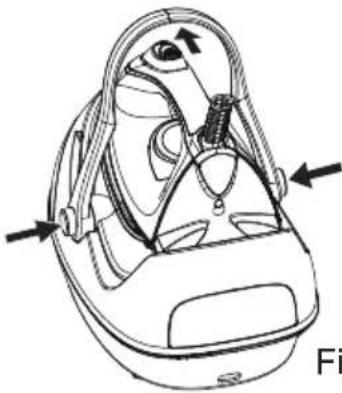 Line drawing of a car's seat with attached straps and a handle, no text or symbols present