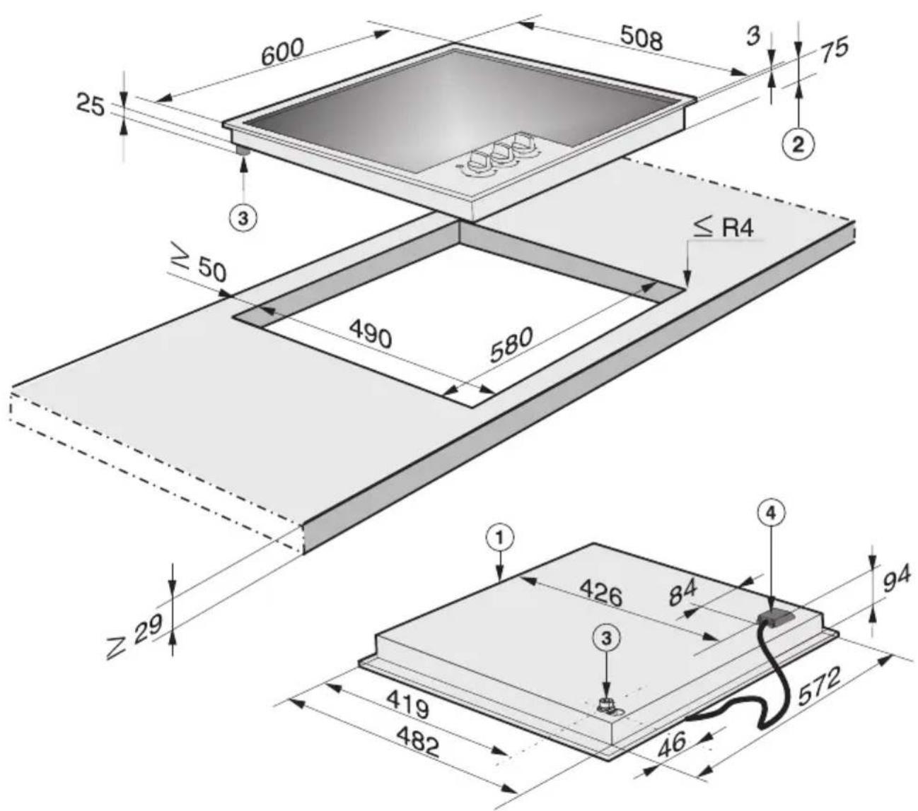 MIELE KM2335 - Installation dimensions – Surface-mounted - 1