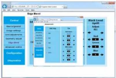 Edge Band Control Name/General Edge settings Level adjustments Geometry adjust Edge blend Advanced control Configuration Diagnosis Edge Band Edit Networks MVR Map Type Red Green Blue Black Level Uplift Adjust ALL End Grenx Blue