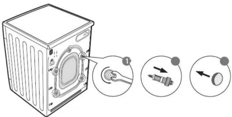 Diagram showing a washing machine with labeled parts and three close-up insets illustrating mechanical components.