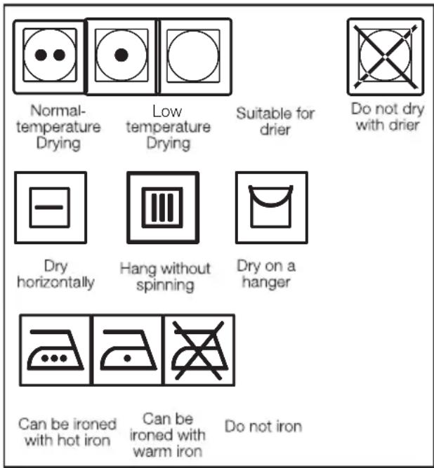 Normal- temperature Drying Low temperature Drying Suitable for drier Do not dry with drier Dry horizontally Hang without spinning Dry on a hanger Can be ironed with hot iron Can be ironed with warm iron Do not iron