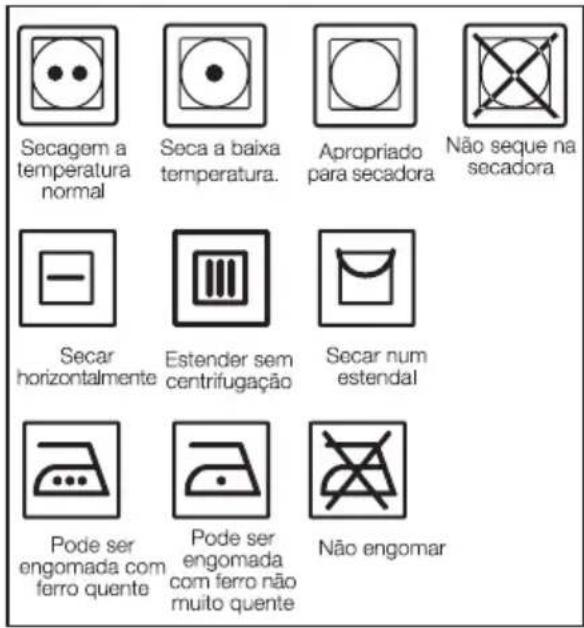 Secagem a temperatura normal Seca a baixa temperatura. Apropriado para secadora Não seque na secadora Secar horizontalmente Estender sem centrifugação Secar num estendal Pode ser engomada com ferro quente Pode ser engomada com ferro não muito quente Não engomar